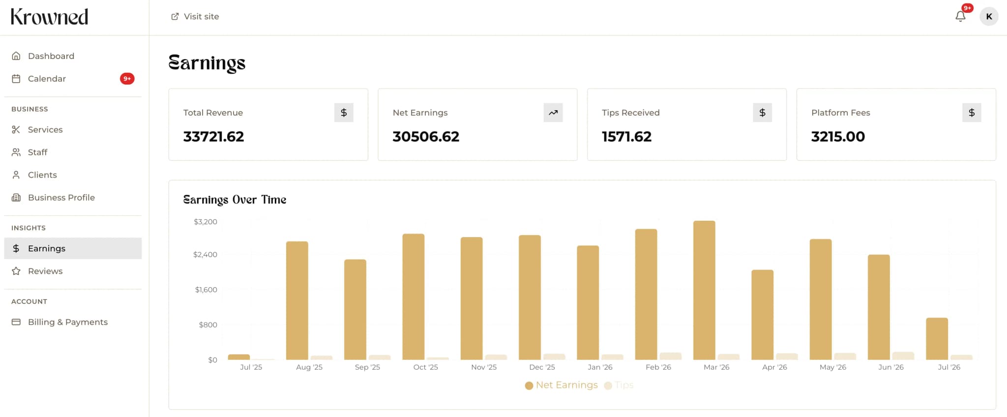 Krowned business dashboard — track earnings, manage bookings, and see monthly revenue charts